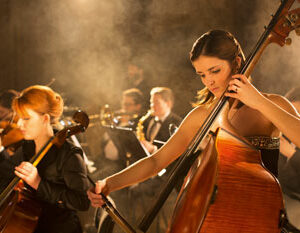 Junge Musizierende mit Kontrabass, Cello und anderen Instrumenten.